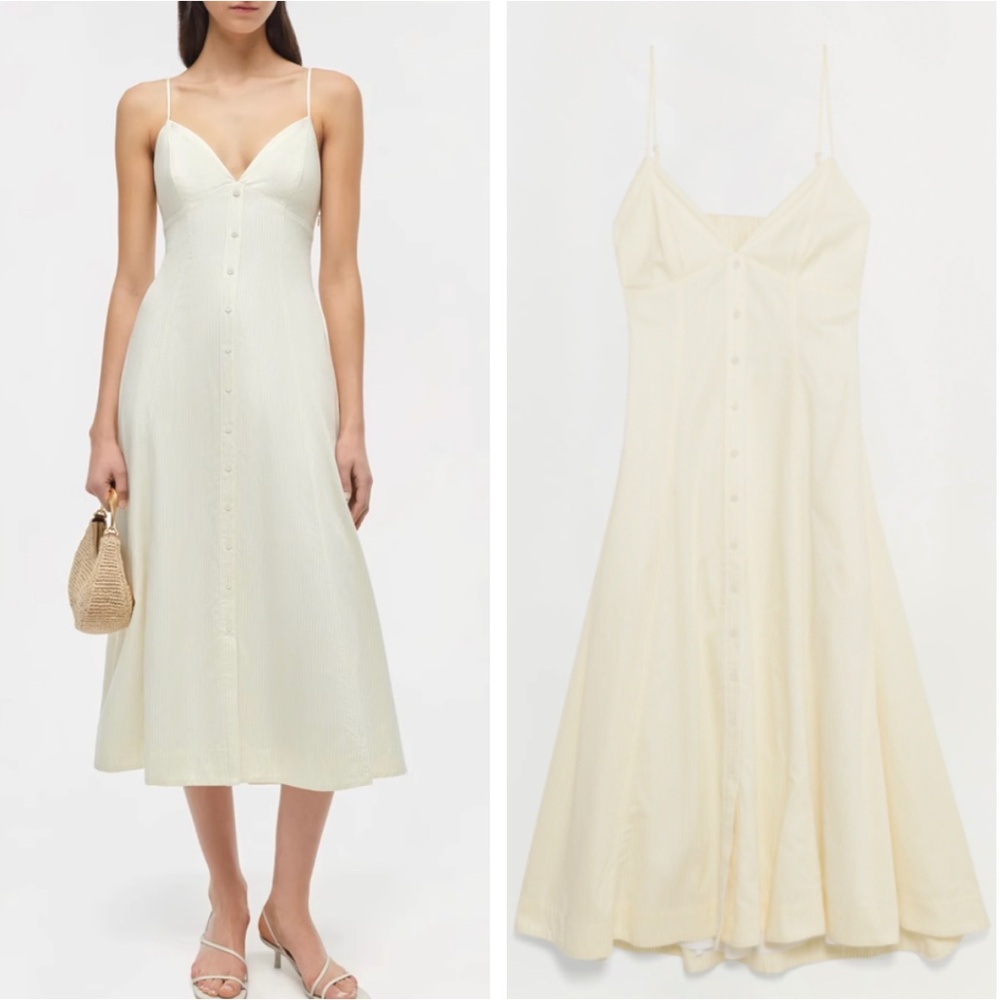 BEST SIMKHAI Honor Midi Dress Buttercream Stripe Yellow White Vacation Cotton